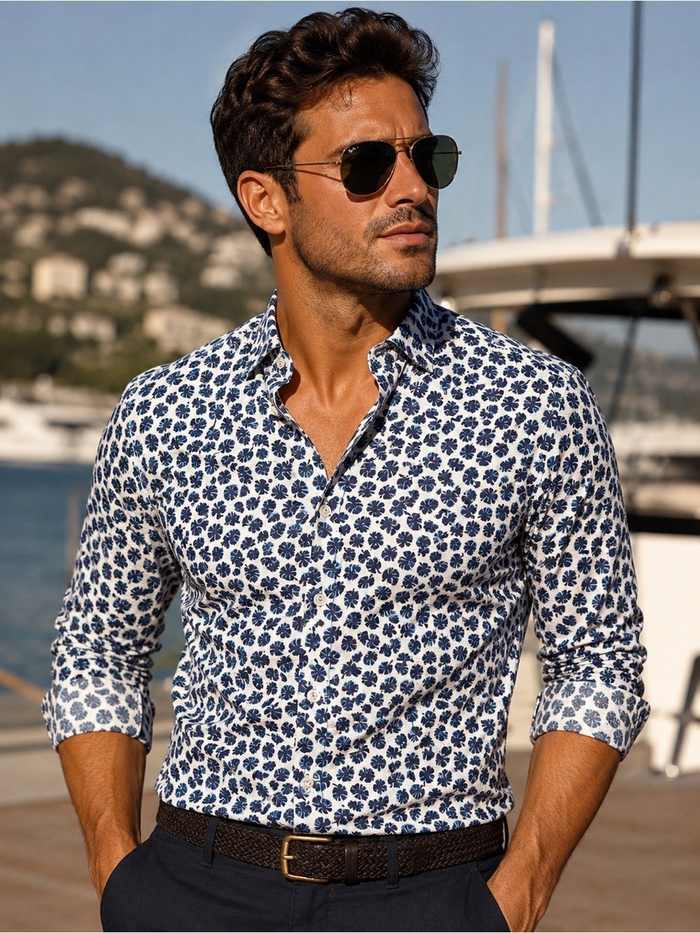 HUGO BOSS Men's White & Navy Ronni Palm Leaf Button-Up Shirt, Size M, EUC